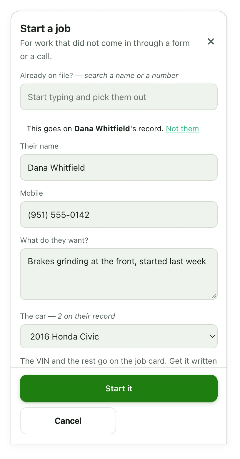 The Start a Job form in Shop Desk, with name, mobile, what they want and the vehicle