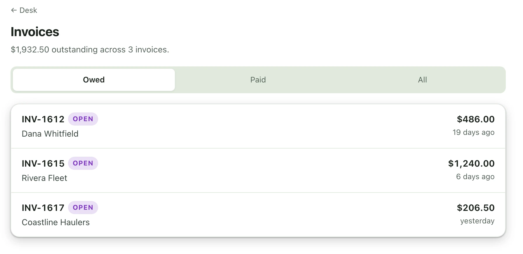 The Shop Desk invoices screen showing what is owed