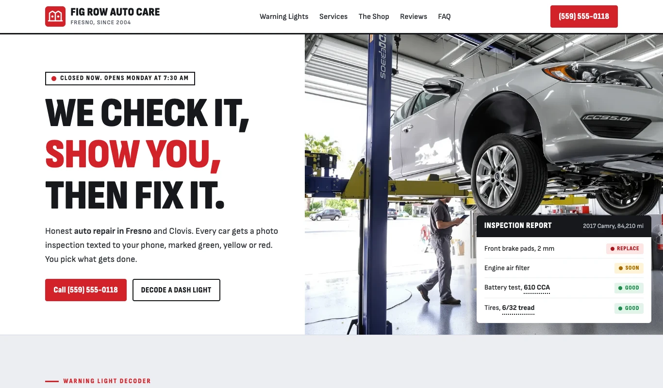 Sample auto repair shop website design from our library, fictional business