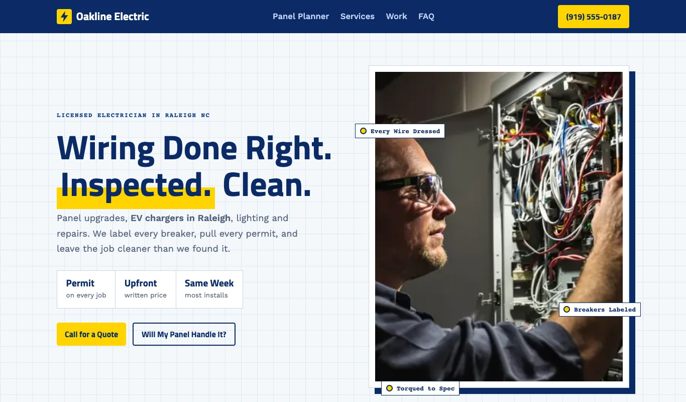 Sample electrician website design from our library, fictional business