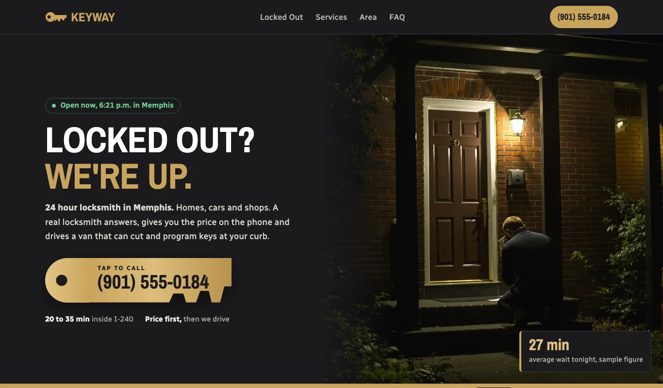 Sample 24 hour locksmith website design from our library, fictional business