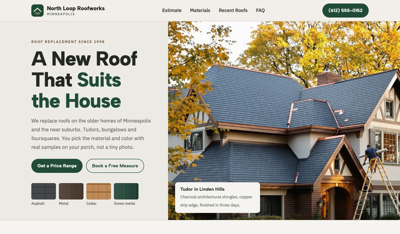 Sample roofer website design from our library, fictional business