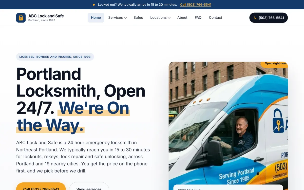 ABC Lock and Safe website on a desktop
