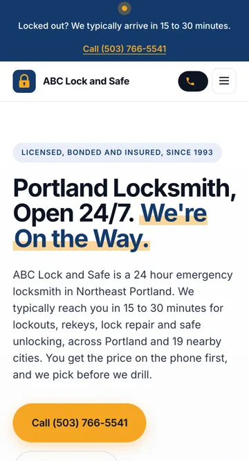 ABC Lock and Safe website on a phone
