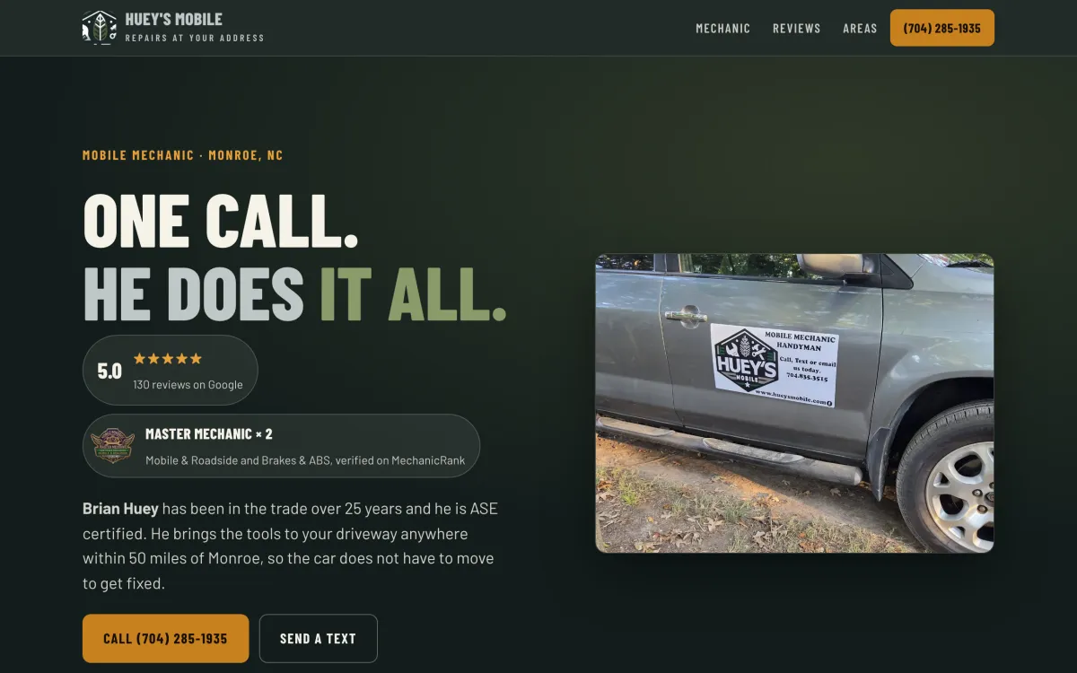Huey's Mobile website on a desktop