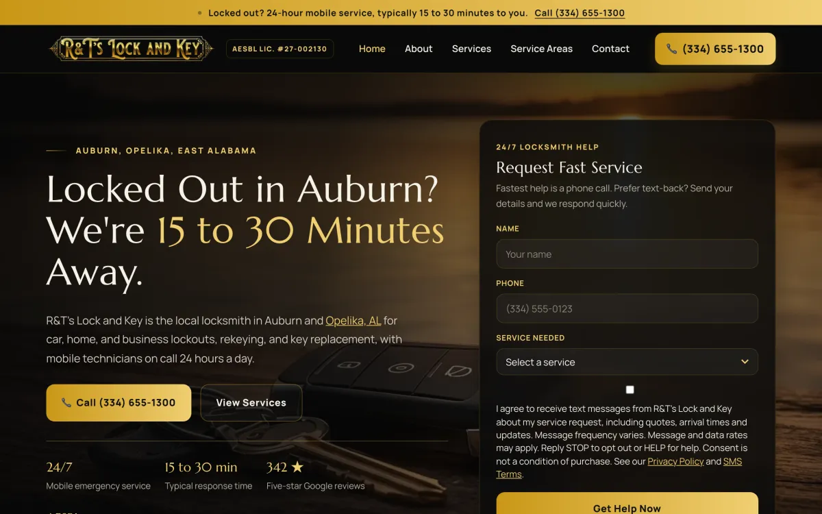 R&T's Lock and Key website on a desktop
