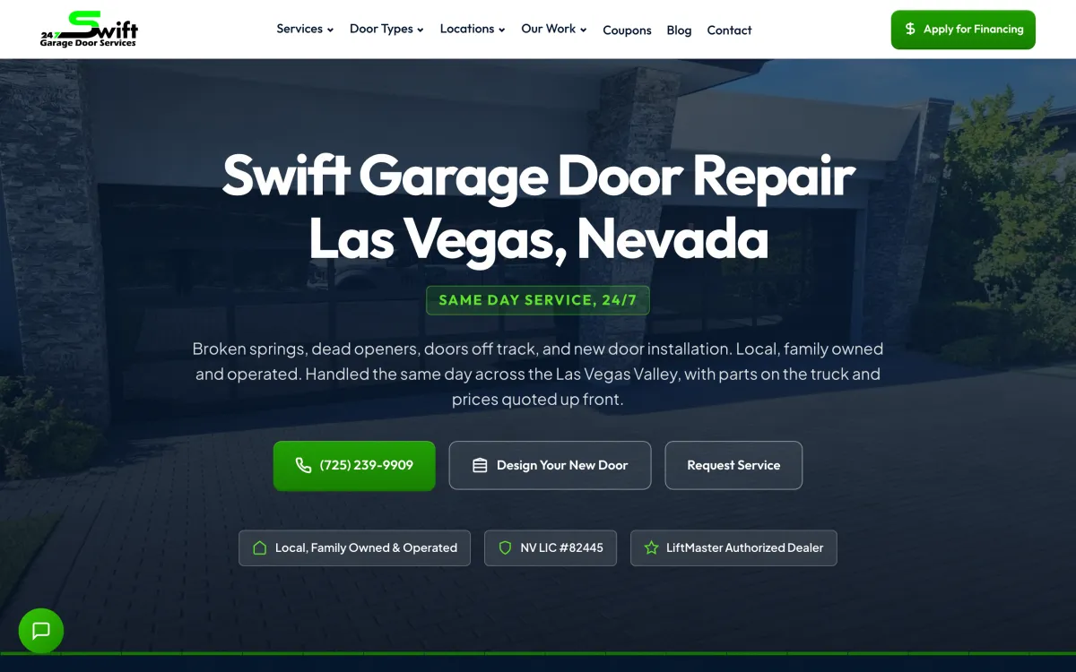 Swift Garage Door Repair website on a desktop