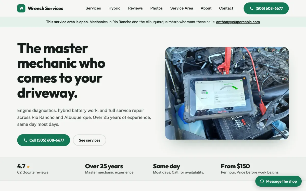 Wrench Services website on a desktop