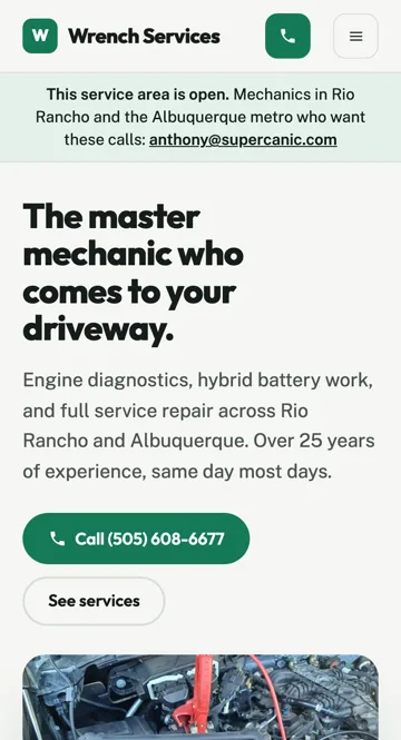 Wrench Services website on a phone
